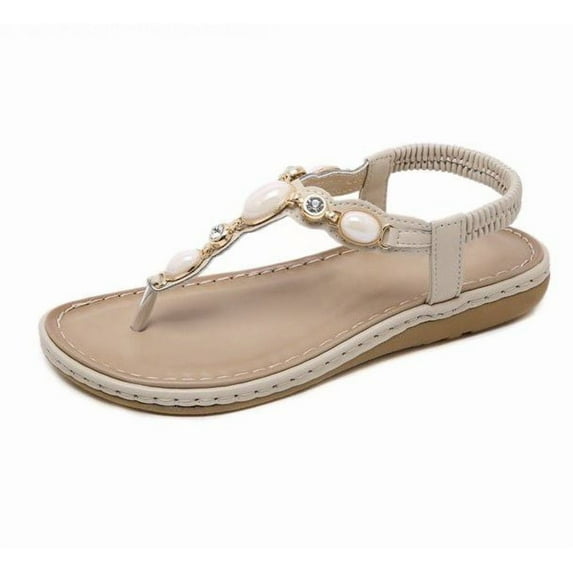 FAMITION Summer Braided Flats Sandals for Women Casual Bohemian Beach Elastic T-Strap Thong Flip Flops Shoes