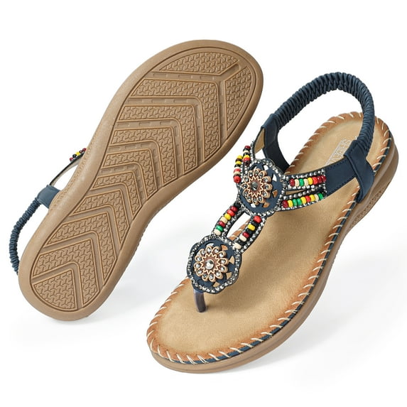 SHIBEVER Summer Casual Boho Flat Sandals for Women Cute Beach Comfortable Beaded Braided Dress Shoes