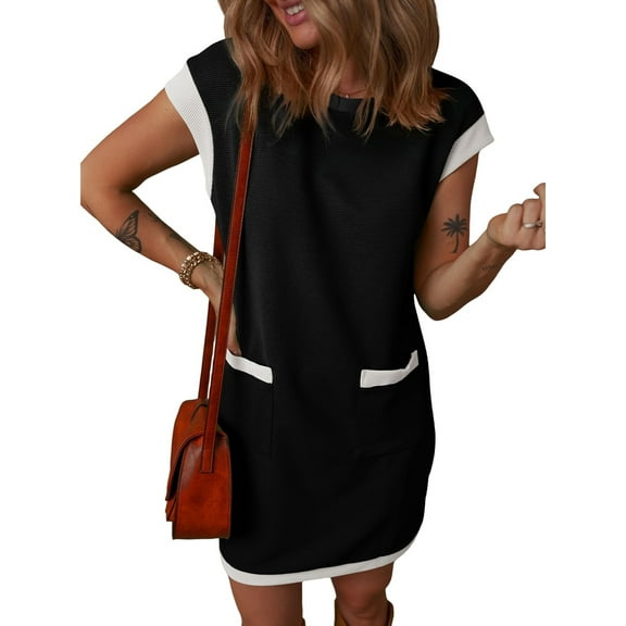 SHIBEVER Summer Color Block Dresses for Women Crewneck Cap Sleeve T shirts Dress for Womens Clothes with Pockets Mini Dress Sundress Trendy Ribbed Beach Dresses