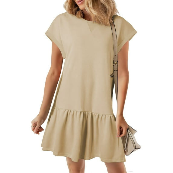SHIBEVER Summer Dresses for Women Casual Ruffle Hem Shirt Dresses Comfy Cap Sleeve Solid Color Loose Fit Mini Dresses