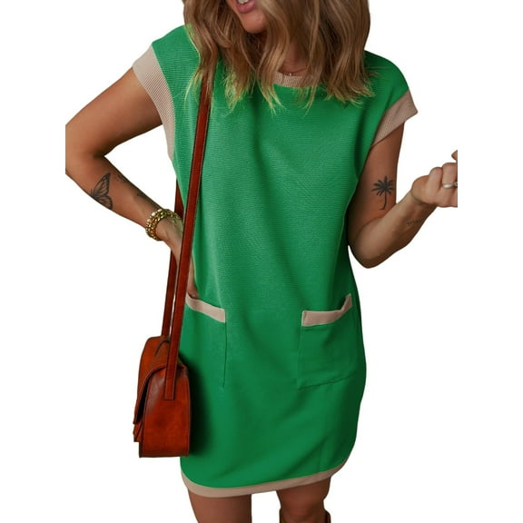 SHIBEVER Summer Dresses for Women Color Block T Shirt Dress Casual Midi Dress Short Sleeve Sundress with Pockets Womens Clothes Beach Dresses Ribbed