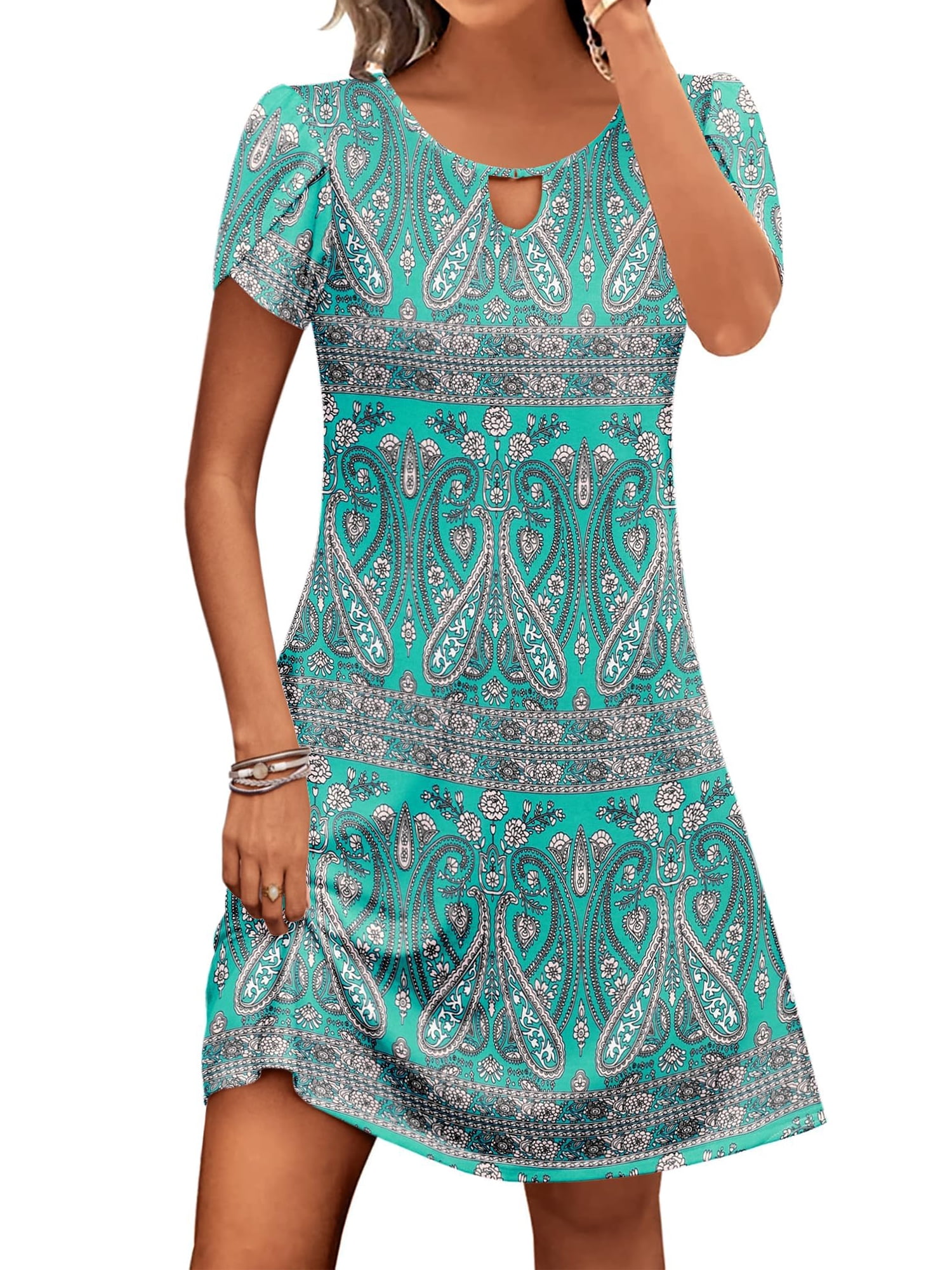 SHIBEVER Summer Dresses for Women Petal Short Sleeve A-Line T Shirt ...