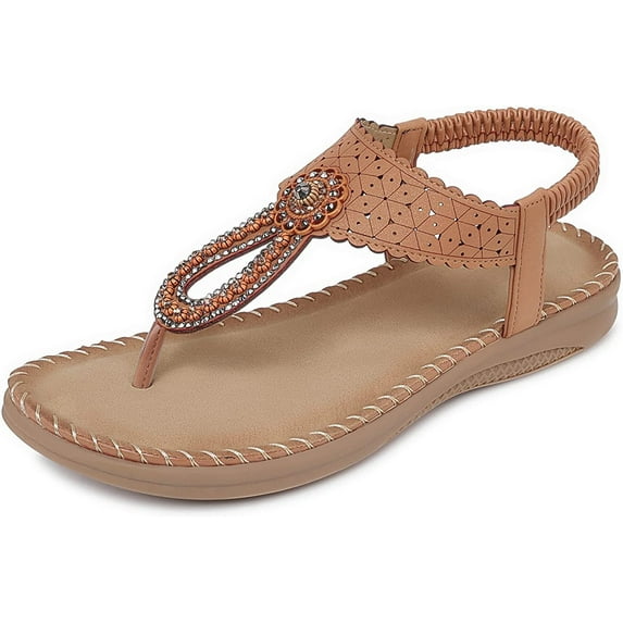 SHIBEVER Summer Sandals For Women Flat Bohemian Thong Sandals Dressy Comfortable Elastic Ankle Strap Flip Flops Sandals Brown