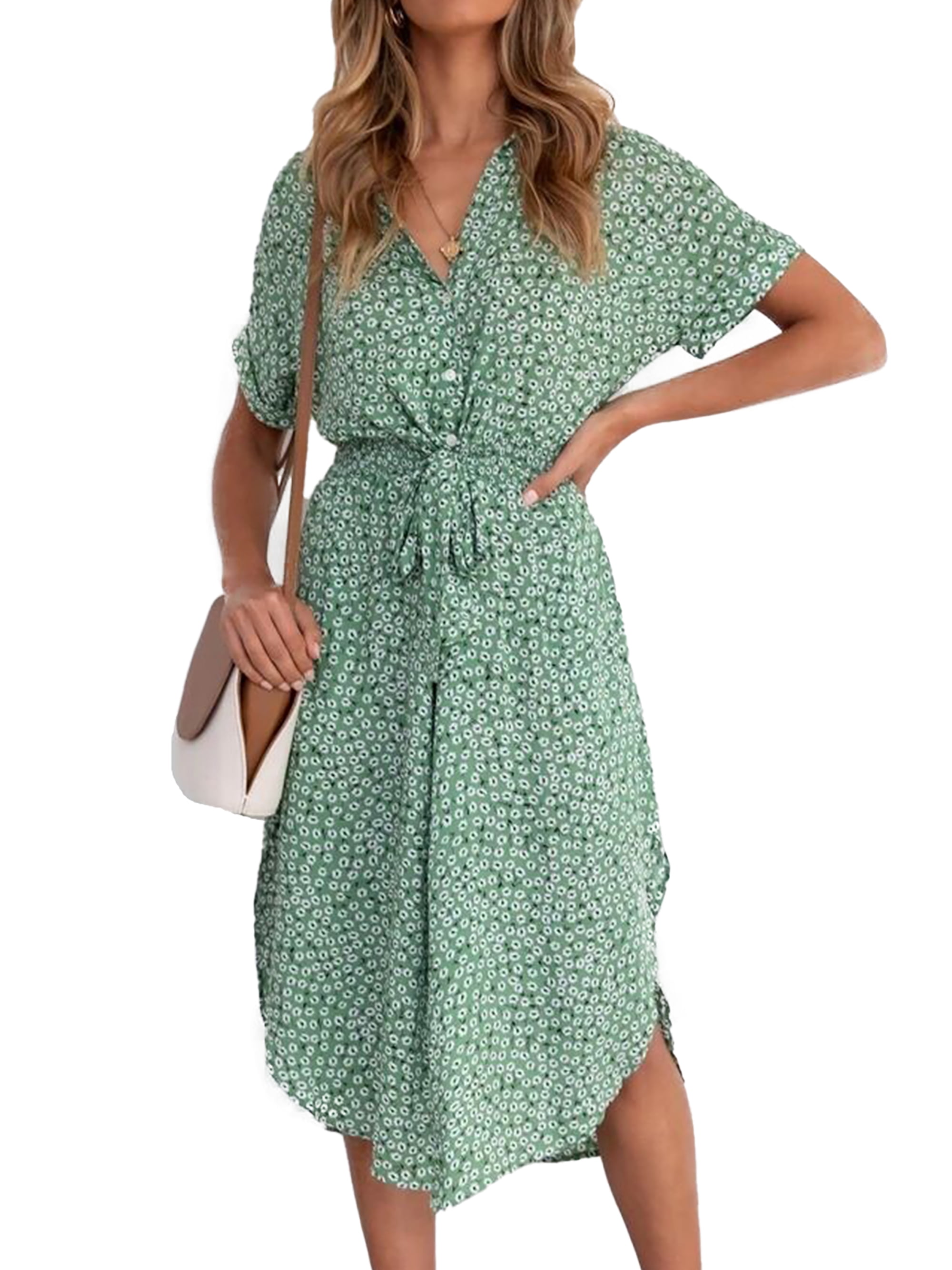 SHIBEVER Summer Short Sleeve Boho Floral Dress for Women Casual Button ...