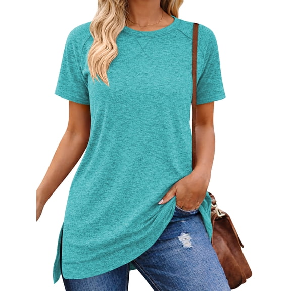 SHIBEVER Summer Short Sleeve T Shirts for Women Casual Loose Side Split Tunic Tops Comfortable Crew Neck Tops