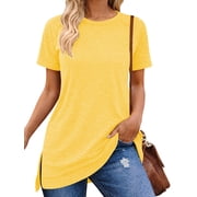 SHIBEVER Summer Short Sleeve T Shirts for Women Casual Loose Side Split Tunic Tops Comfortable Crew Neck Tops