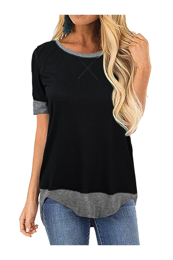 Summer Short Sleeve Tops for Women Loose Casual Color Block Workout Tunic Tops Blackgrey Clothes Size L