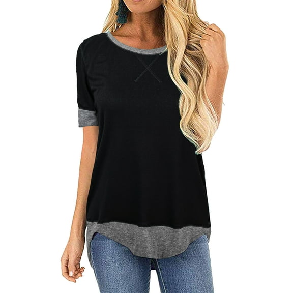 SHIBEVER Summer Short Sleeve Tops for Women Loose Casual Color Block Workout Tunic Tops Blackgrey Clothes Size S