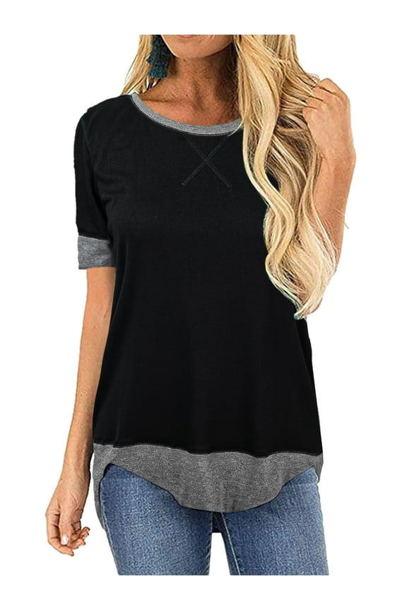 Summer Short Sleeve Tops for Women Loose Casual Color Block Workout Tunic Tops Blackgrey Clothes Size XL