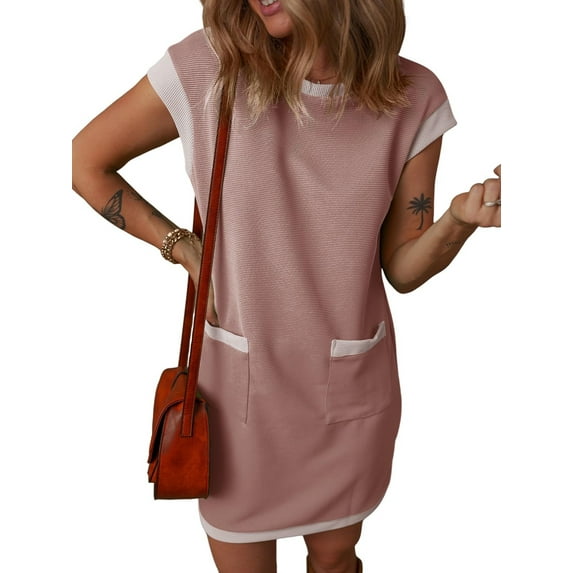 SHIBEVER Summer T Shirt Dresses for Women Crew Neck Cap Sleeve Casual Ribbed Vacation Beach Dress with Pocket Clothes Color Block Sundress