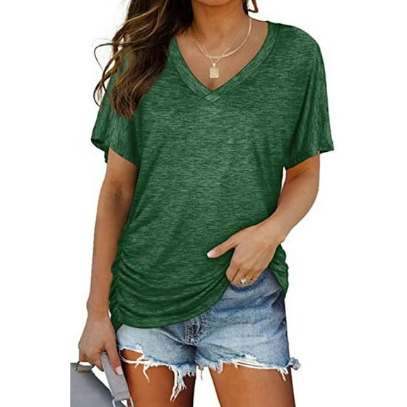 SHIBEVER Womens Tops Short Sleeve V Neck T Shirts with Side Shirring Loose Fit Shirts Pleated Summer Tunic Tops for Women Tees Clothes Casual Solid Color Green Size S