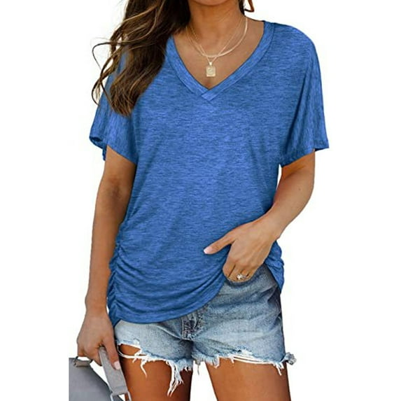 SHIBEVER Womens T Shirts V Neck Short Sleeve Casual Loose Tees Tops for Women Clothes Side Shirring Basics Tshirts Pleated Tunics Solid Color Blue Size M