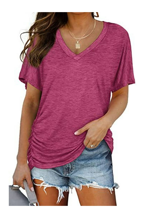Womens V-Neck Short Sleeve Tops Solid Casual Loose Basic T Shirts for Women Clothes Side Shirring Basics Tshirts Pleated Tunics Size XL