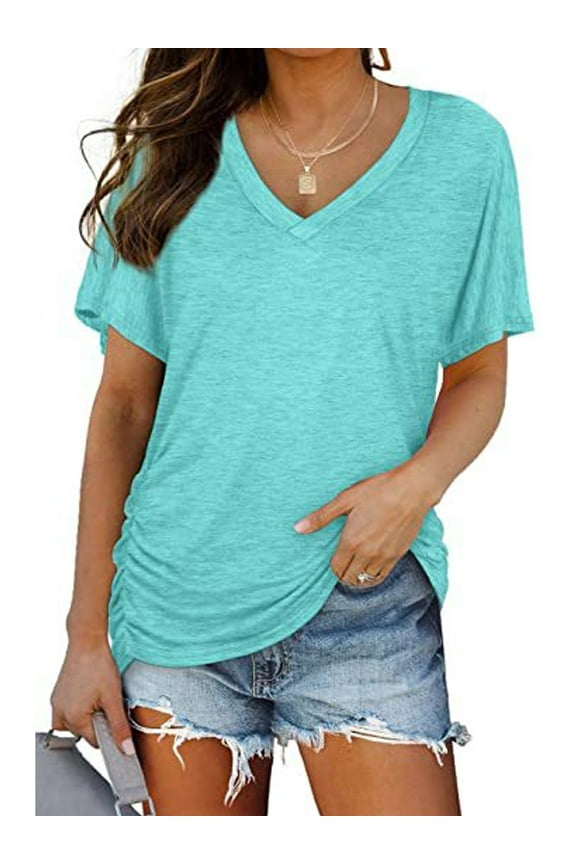 Womens V Neck Short Sleeve Tshirts Casual Tops Cute T Shirts Summer Clothes Basics Tee Shirts for Women Clothes Tops with Side Shirring Loose Fit Pleated Tunics Solid Color Aqua Size XL