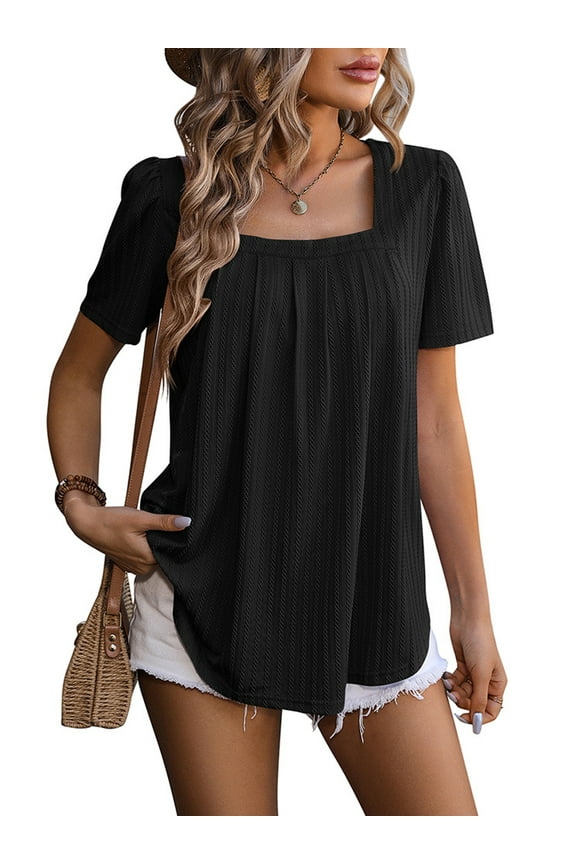 Summer Tops for Women Casual Short Sleeve Shirts Loose Fit Flowy Pleated Blouse Trendy Solid Color Tee Shirt Black Tunic Size XL