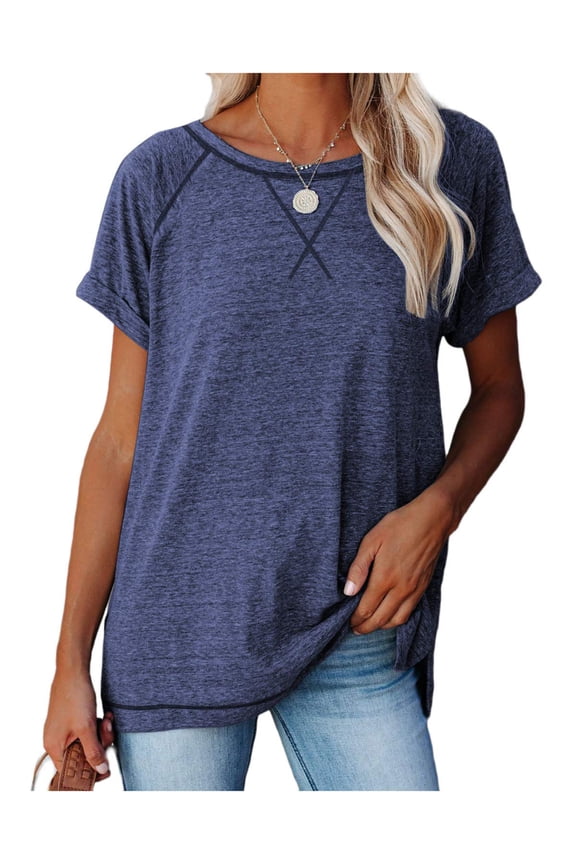 Summer Tops for Women Short Sleeve Tops Casual Loose Fit Cute Crewneck T-shirt Ladies CuteSolid Color Tunic Tops Blouses Navy Blue M