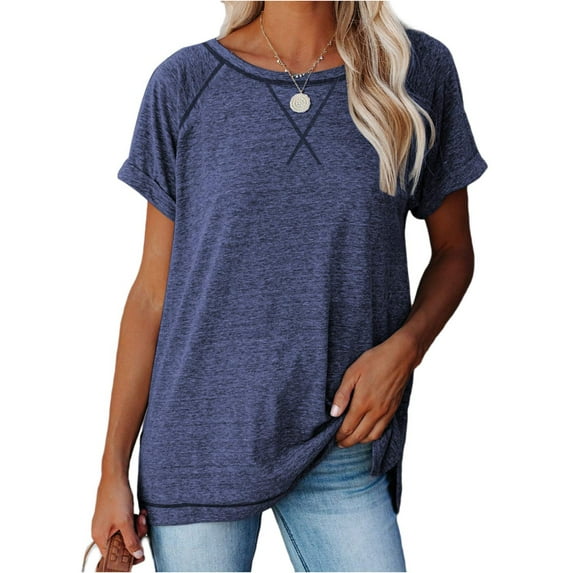 SHIBEVER Summer Tops for Women Short Sleeve Tops Casual Loose Fit Cute Crewneck T-shirt Ladies CuteSolid Color Tunic Tops Blouses Navy Blue XL