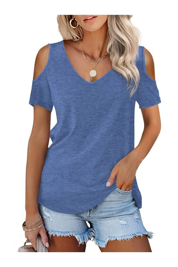 Summer V Neck T-Shirt for Women Casual Cold Shoulder Basic Tunic Tee Tops Bluse Dressy Blouse for Lady Size L