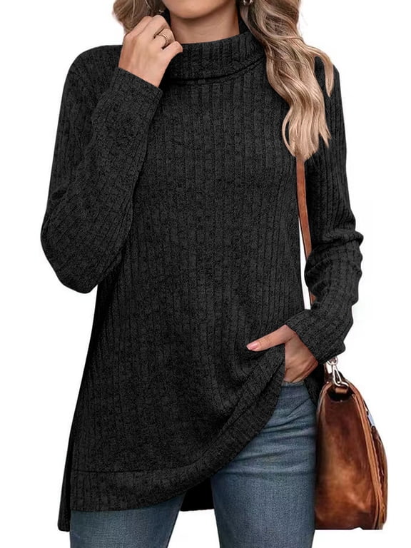 Sweaters for Women Long Sleeve Pullover Casual Fall Tunic Tops Turtleneck Lightweight Soft Sweaters Side Split Loose Winter Clothes