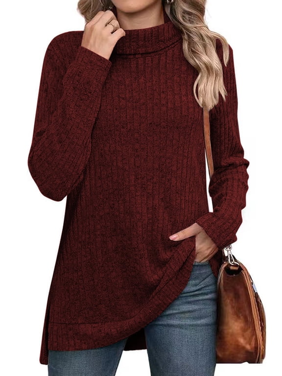 Sweaters for Women Turtleneck Long Sleeve Tops Fall Side Split Fashion Shirts Winter Lightweight Womens Tops Dressy Casual T Shirts Blouse