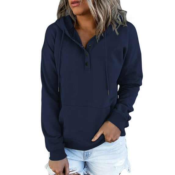 SHIBEVER Sweatshirts for Women Fall Casual Long Sleeve HoodieS Trendy Loose Fit Hooded Tops Soild Color Navyvlue Pullover Size XL