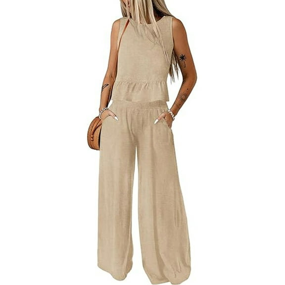 SHIBEVER Sweatsuit Sets for Women 2 Piece Sets Loose Sets Summer Outfits Sets Sleeveless Solid Round Neck Tank Tops Matching Sets for Womens Clothes Elastic Waist Wide Leg