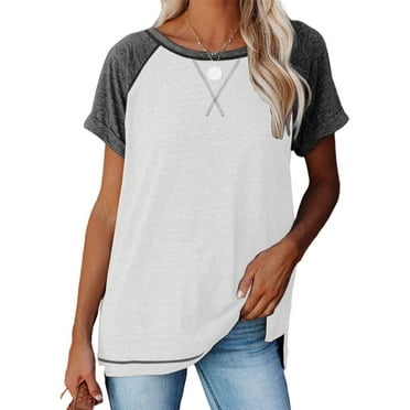 SHIBEVER T Shirts for Women Tops Summer Casual Short Sleeve Tunic Tops Loose Color Block Tops for Women Side Split Crew Neck Ladies Tops Blouses White L
