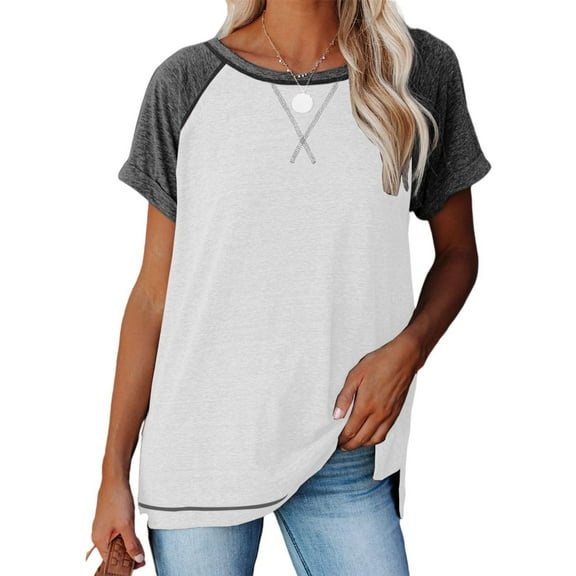 SHIBEVER T Shirts for Women Tops Summer Casual Short Sleeve Tunic Tops Loose Color Block Tops for Women Side Split Crew Neck Ladies Tops Blouses White XXL