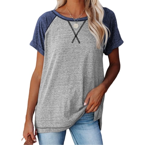 SHIBEVER T Shirts for Women Tops Summer Casual Short Sleeve Tunic Tops for Women Loose Color Block T Shirts Side Slit Crew Neck Lady Tops Blouses Gray L