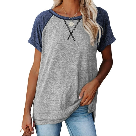 SHIBEVER T Shirts for Women Tops Summer Casual Short Sleeve Tunic Tops for Women Loose Color Block T Shirts Side Slit Crew Neck Lady Tops Blouses Gray L