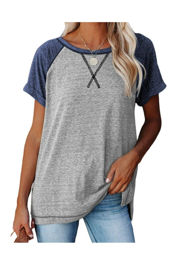 T Shirts for Women Tops Summer Casual Short Sleeve Tunic Tops for Women Loose Color Block T Shirts Side Slit Crew Neck Lady Tops Blouses Gray XL
