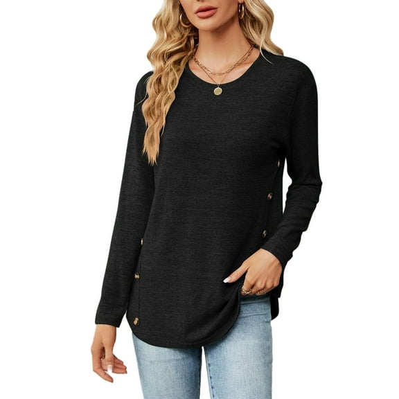 SHIBEVER T-Shirts for Women Fall Long Sleeve Tops Casual Loose Crew Neck Shirts Trendy Cute Side Button Tunic Ladies Top Blouses Black