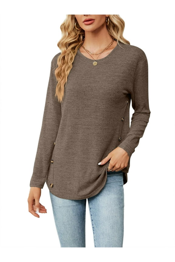 T-Shirts for Women Fall Long Sleeve Tops Casual Loose Crew Neck Shirts Trendy Cute Side Button Tunic Ladies Top Blouses White