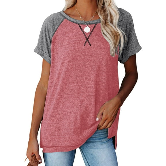 SHIBEVER T Shirts for Women Short Sleeve Tunic Tops Summer Casual Color Block Tops Loose Fit Side Split Striped Tops Crew Neck Ladies Blouses Pink S