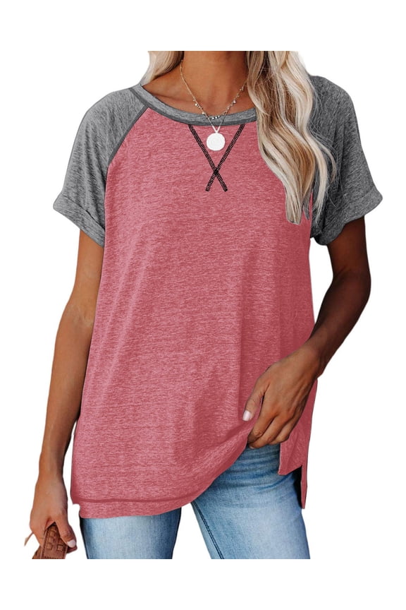 T Shirts for Women Short Sleeve Tunic Tops Summer Casual Color Block Tops Loose Fit Side Split Striped Tops Crew Neck Ladies Blouses Pink XL