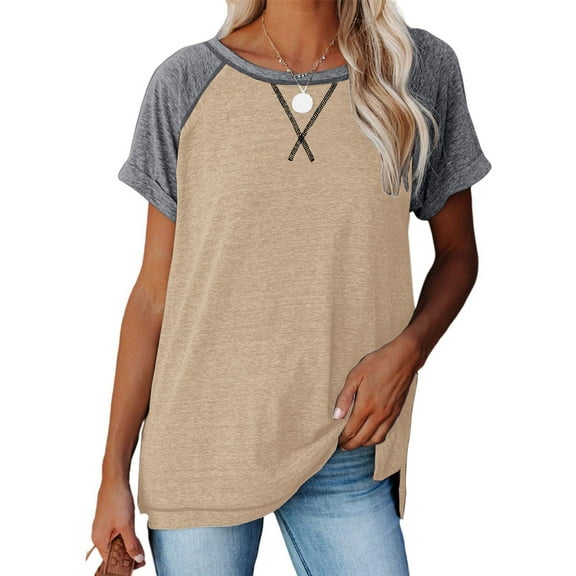 SHIBEVER T Shirts for Women Short Sleeve Women Top Summer Casual Striped Tunic Tops Loose Fit Side Split Tops Crew Neck Ladies Blouses Khaki XXL