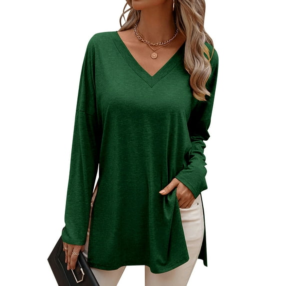 SHIBEVER T Shirts for Women Tops Long Sleeve Shirts Casual Loose Fit Tunic Tops Side Slit V Neck Solid Color Shirts L