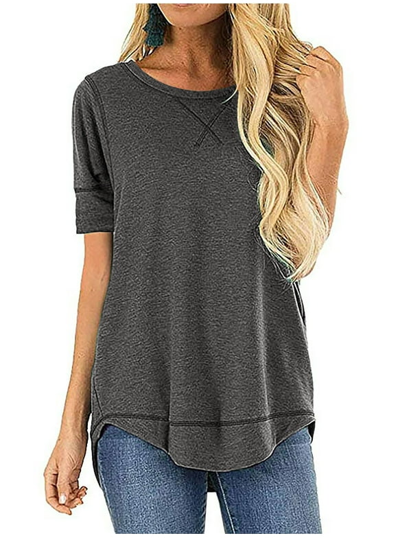 T Shirts for Women Tops Short Sleeve Summer Fashion Loose Fit Tunic Tops Dressy Crewneck Ladies Blouses Tops Dark Grey