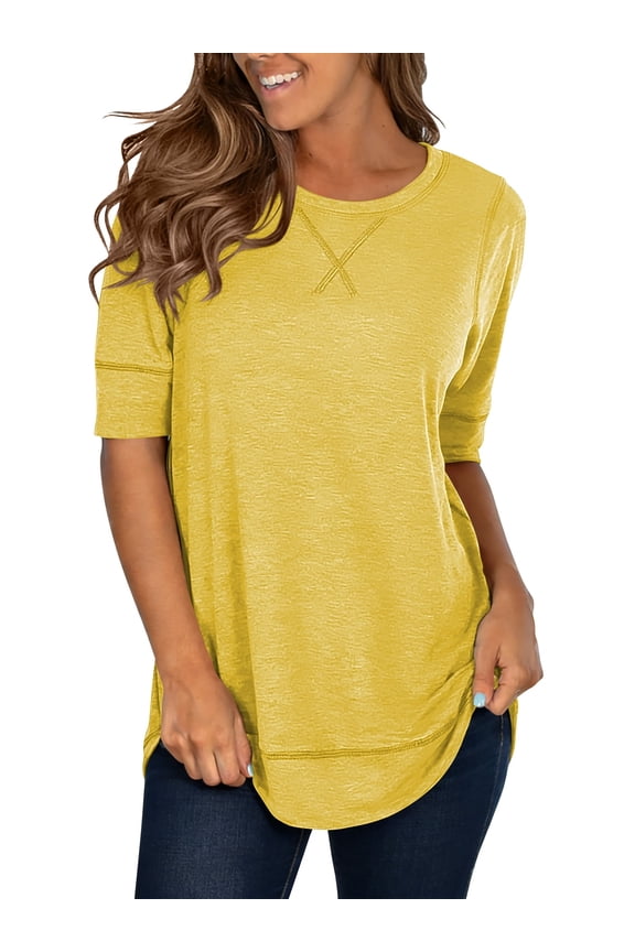 T Shirts for Women Tops Short Sleeve Summer Fashion Loose Fit Tunic Tops Dressy Crewneck Ladies Blouses Tops Yellow