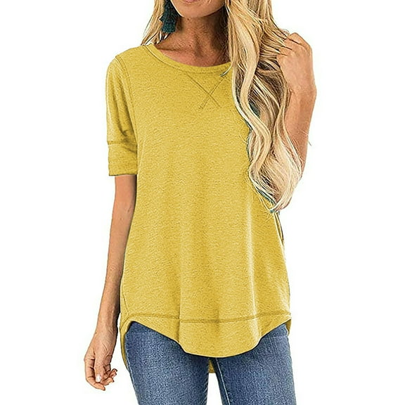 SHIBEVER T Shirts for Women Tops Short Sleeve Summer Fashion Loose Fit Tunic Tops Dressy Crewneck Ladies Blouses Tops Yellow