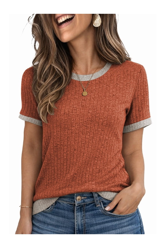 T Shirts for Womens Tops Short Sleeve Summer Clothes Ladies Trendy Crew Neck Blouses Tee Colorblock Red Clothing L