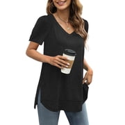 T Shirts for Womens Tunic Tops Summer Clothes Short Sleeve V Neck Blouses Ladies Clothing Pullover Cotton Black XL
