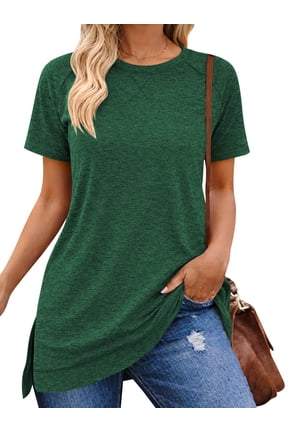 T-shirts for Women Summer Tops Short Sleeve Shirts Casual Loose Fit Tunic Tops Side Slit Tee Shirt Crew Neck Lady Blouse Green 3XL