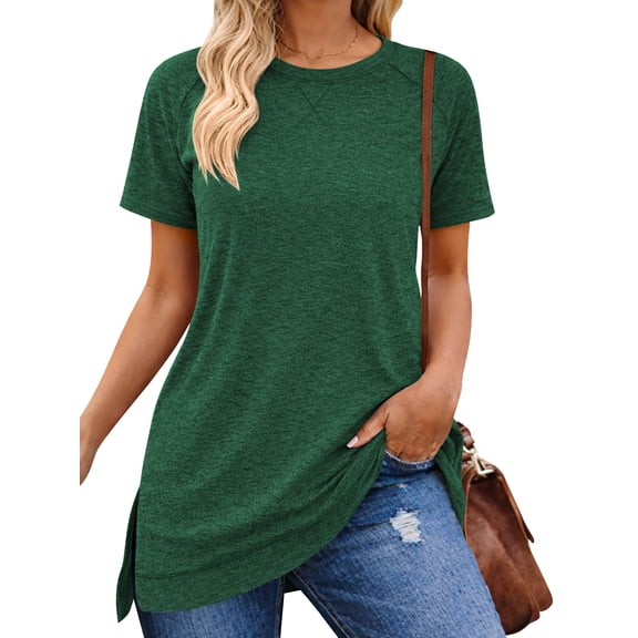 SHIBEVER T-shirts for Women Summer Tops Short Sleeve Shirts Casual Loose Fit Tunic Tops Side Slit Tee Shirt Crew Neck Lady Blouse Green XL