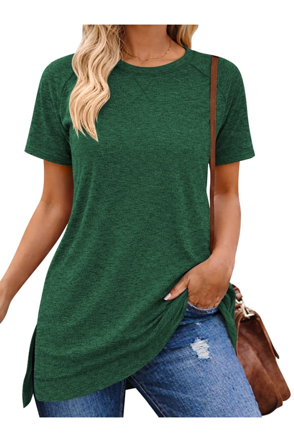 T-shirts for Women Summer Tops Short Sleeve Shirts Casual Loose Fit Tunic Tops Side Slit Tee Shirt Crew Neck Lady Blouse Green XXL