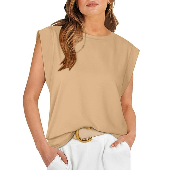 SHIBEVER Tops for Women Summer Basic Tee Shirts Cap Sleeve Tops Casual Crew Neck Shirts Loose Fit Fashion Solid Color Brown Womens Clothes Plus Size 3XL