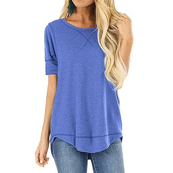 SHIBEVER Tops for Women Casual Crew Neck Short Sleeve Tee Loose Blue Tee Trend Women Tops Solid Blouse Tunic Size XXL