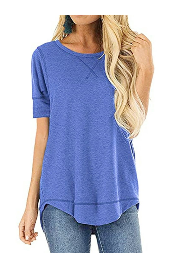 Tops for Women Casual Crew Neck Short Sleeve Tee Loose Blue Tee Trend Women Tops Solid Blouse Tunic Size XXL