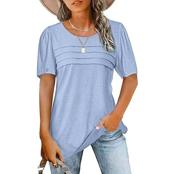 SHIBEVER Tops for Women Crew Neck Shirts Summer Short Sleeve Tshirt Fashion Pleated Blouse Casual Solid Color Tee Loose Blue Tunic Size M