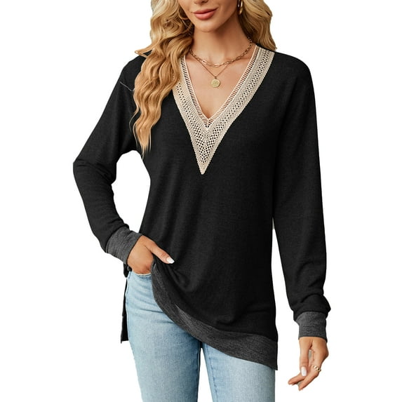 SHIBEVER Tops for Women Fall Casual Long Sleeves Blouses Blasic Soild Black Knit Tunic Lace Tops V Neck Loose T Shirt for Women Size M